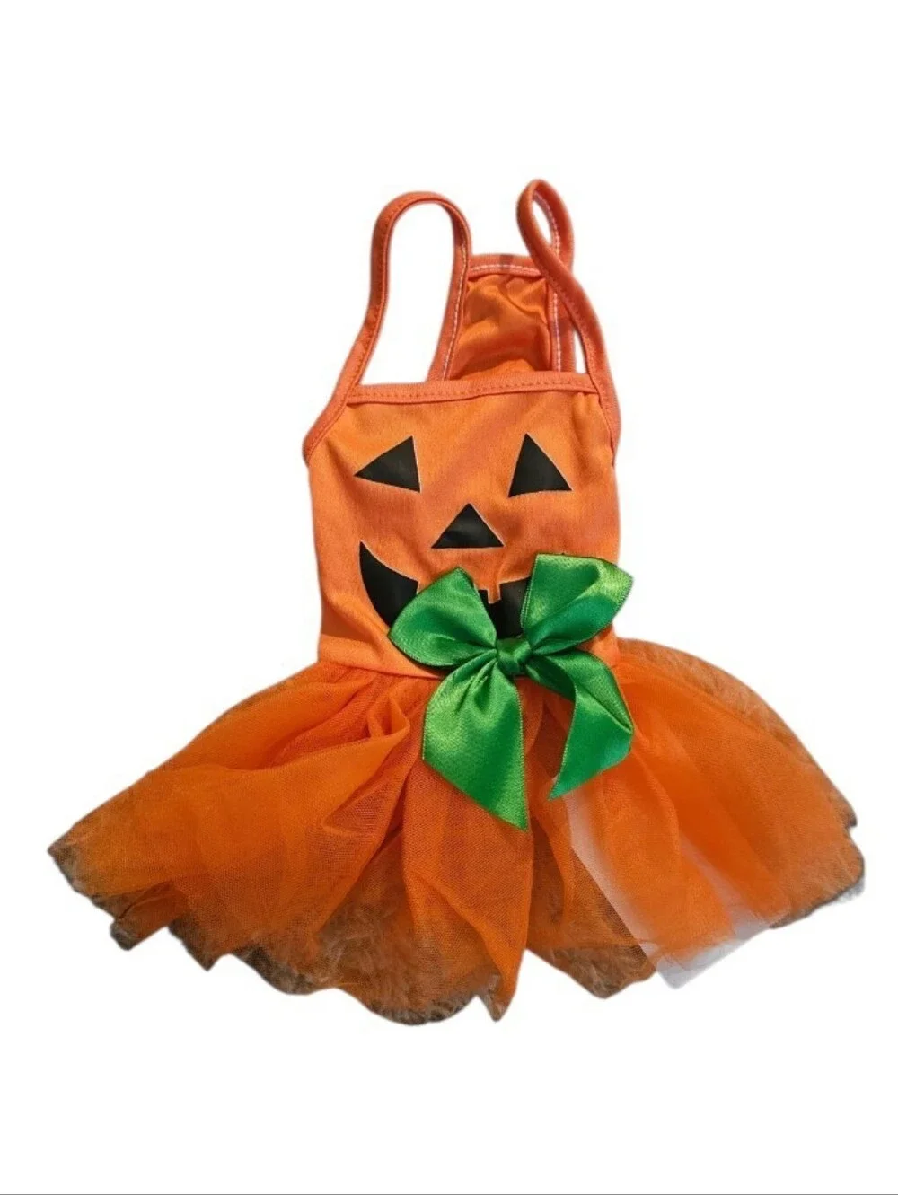 Orange Pumpkin Tulle Dog Dress with Green Bow. V